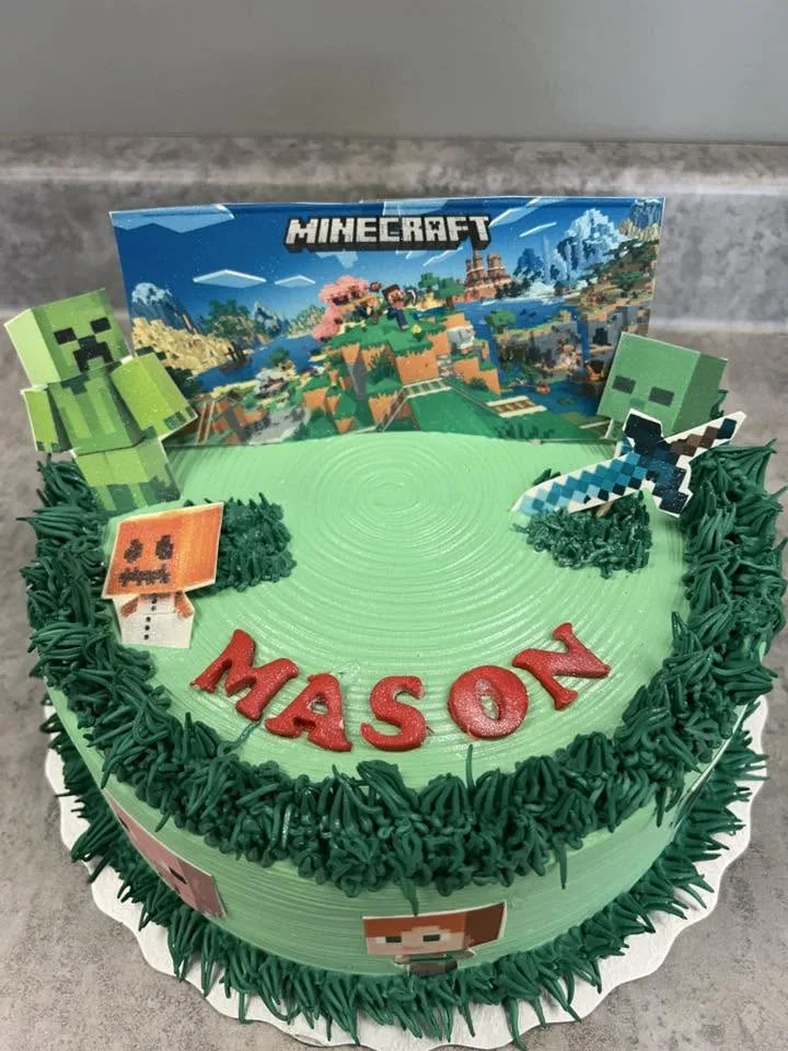 Minecraft themed birthday cake with green buttercream grass