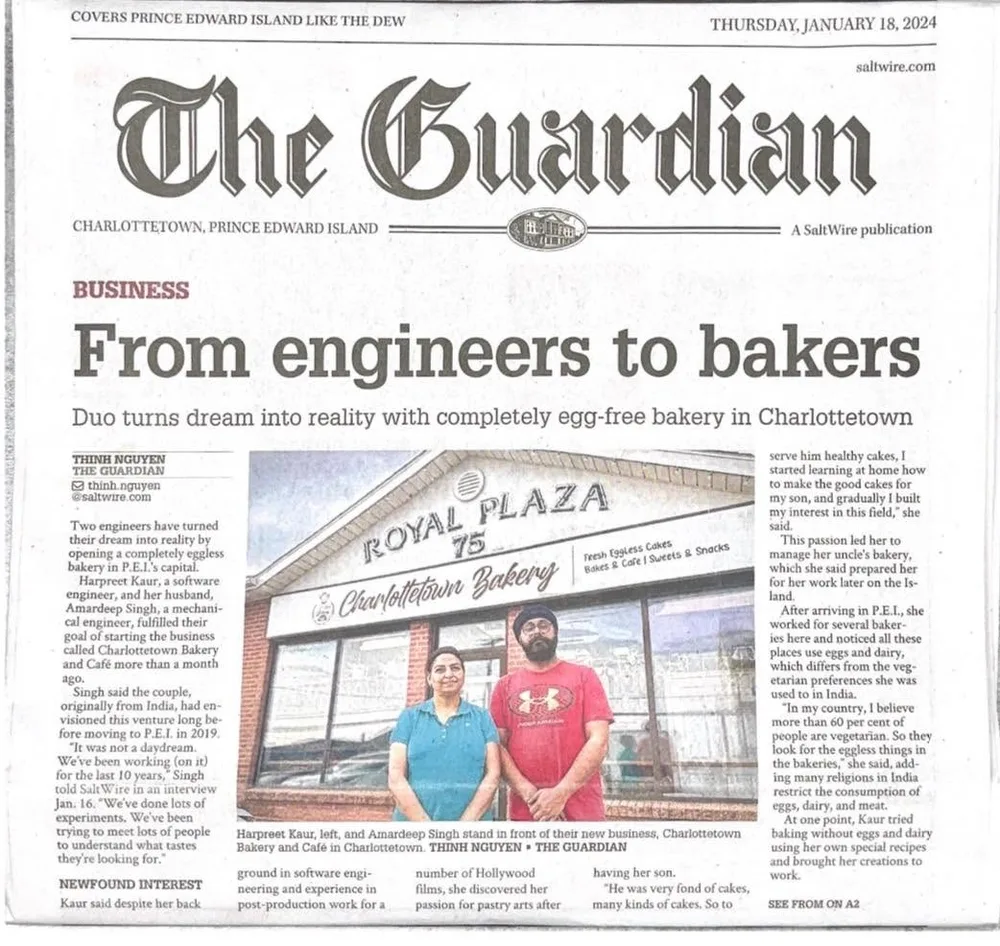 The Guardian newspaper front page featuring Charlottetown Bakery: From engineers to bakers