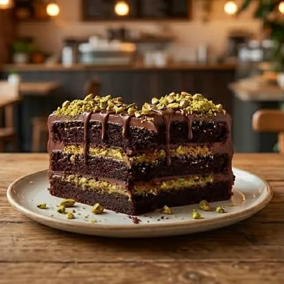Layered chocolate pistachio cake slice